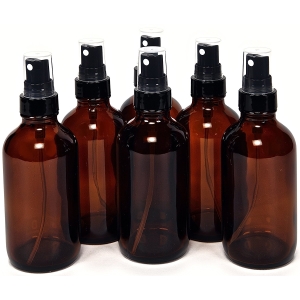 6, Amber, 4 oz Glass Bottles, with Black Fine Mist Sprayers